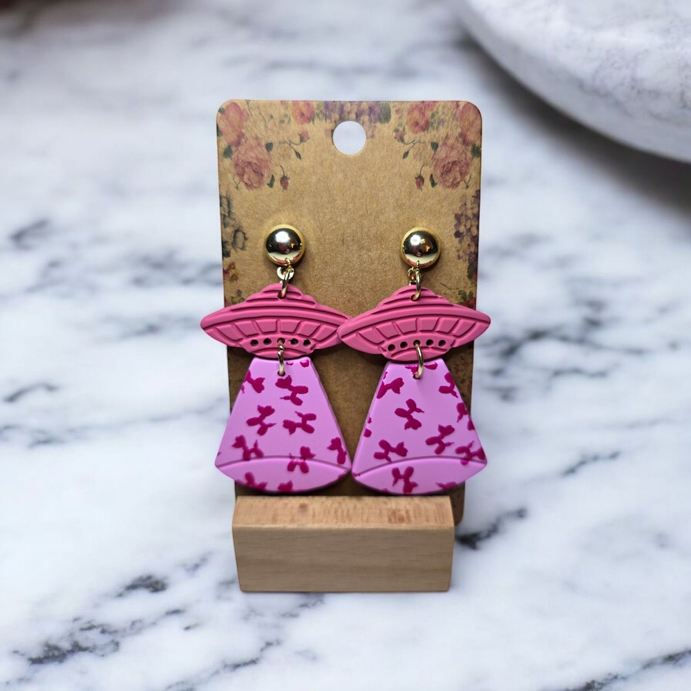 NEW UFO Alien‎ Spaceship Balloon Dog  Pink Stud Jewelry Earrings